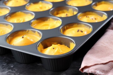 muffins in silicone baking cups on a metal tray