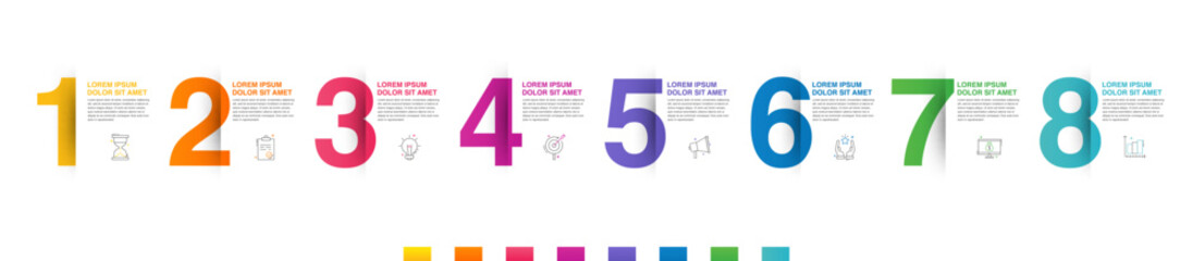 Modern vector flat illustration. Line infographic numbers template with eight elements, icons. Timeline designed for business, presentations, web design, interface, diagrams with 8 steps