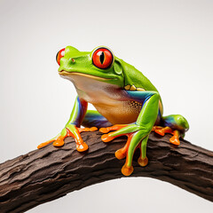 portrait of red eyed tree frog on a branch, isolated isolated white background png