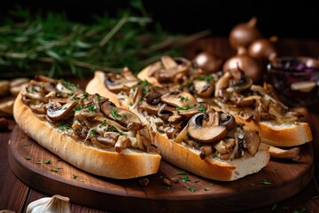 freshly baked baguette slices topped with chopped mushrooms