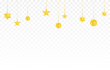 Christmas decoration png. Vector golden toys png. Hanging shiny toys on an isolated background. Gold decorations, sparkling toys.