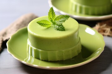 a green tea flavored pudding on a light brown background