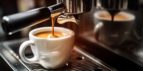A cup of coffee is poured into a cup using a coffee machine
