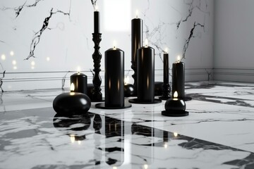 3D scene: black candles on marble floor, white background. Generative AI