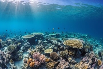 Coral reef with colorful fish in transparent underwater seascape. Generative AI
