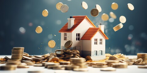 a stack of coins and a house symbolizes long-term investment - obrazy, fototapety, plakaty