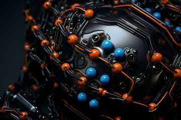 a close up of a metallic object with wires, a chain, and blue, orange, and black colors and details on a black background. Generative AI