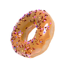 Fresh donut with caramel glaze. Sweet pastries from the bakery, confectionery cafe and colorful glazed donuts. 3d donut on a white background