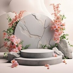Blank podium mockup decorated with flowers and natural leaves