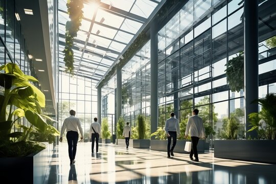 Business People Running Around In A Spacious Hall And Having Meeting At Table. Abstract Blurred Office Interior Space Background. Blue And Green Colors, Green Plants. Business Concept