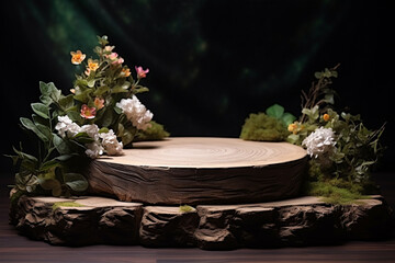  Wooden podium stage mockup for product presentation decorated with leaves and flowers