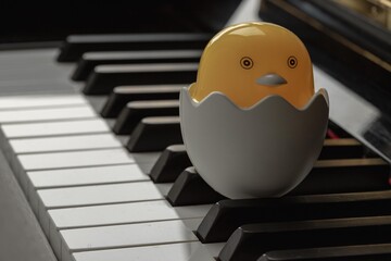 Baby chick cartoon sitting in broken egg stand on the Piano Keyboard. Yellow cute chicken hatching from egg, Space for text, Selective focus.