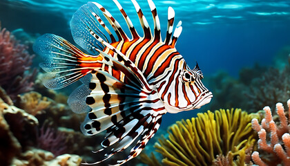 Naklejka na ściany i meble Lionfish, Underwater, colorfull Coral reef, Diver, lots of colorfull big fish, open water.
