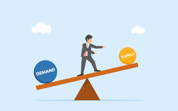 High demand vs low supply concept. An overwhelmed businessman balancing demand and supply. Demand over supply.