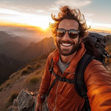 Happy young man hiker taking selfie on top of mountain, smiling tourist with backpack and glasses enjoying beautiful sunset from the top of mountain