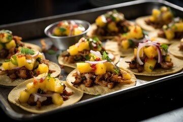 mini street tacos with pork and pineapple on a metal tray - obrazy, fototapety, plakaty