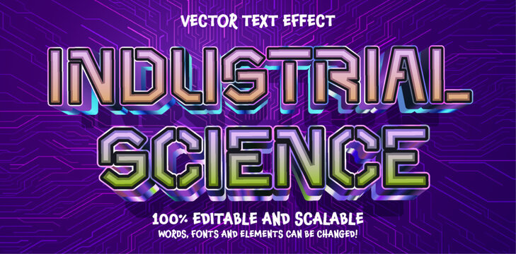 Industrial Science 3d Editable Text Effect Cartoon Style Premium Vector, purple blue cyberpunk