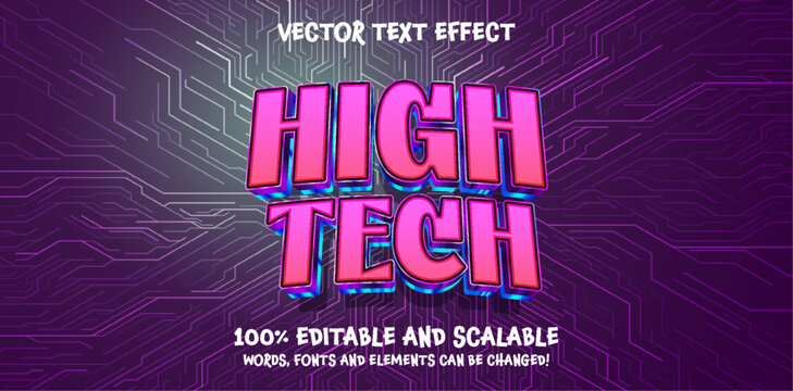 High tech 3d Editable Text Effect Cartoon Style Premium Vector, purple blue cyberpunk
