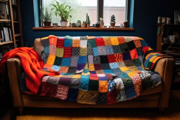 patchwork thankful blanket on a couch - obrazy, fototapety, plakaty