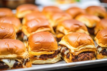 detail shot of mini bbq sliders with cheese on a metal tray