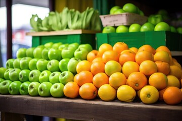 green apples and oranges in a fruit stand