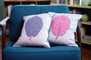 pink and blue pillows with embroidered brain images