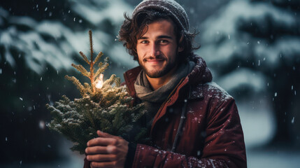 Young man with Christmas tree and light  looking at camera