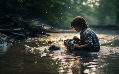 Photo of child in a water river