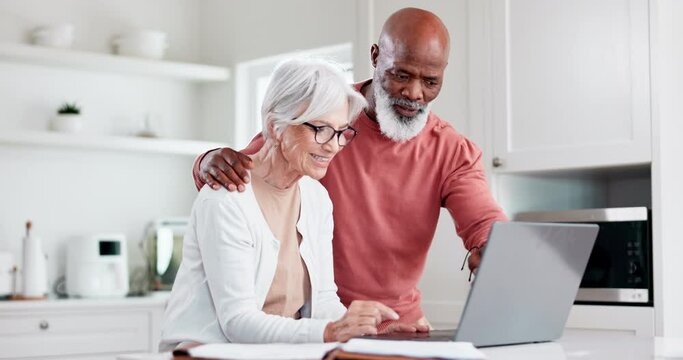 Senior couple, computer and planning for home, investment or budget, retirement and pension funding in kitchen. Interracial mature woman and man on laptop for asset management, loan or life insurance