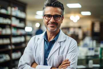 Portrait of pharmacist man in a pharmacy , Drugstore with shelves health care products - obrazy, fototapety, plakaty
