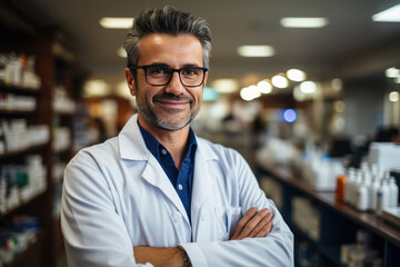 Portrait of pharmacist man in a pharmacy , Drugstore with shelves health care products