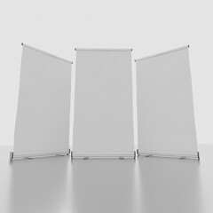 Roll up banner different angles isolated on a white background. 3D illustration. Size (120 by 200) cm 