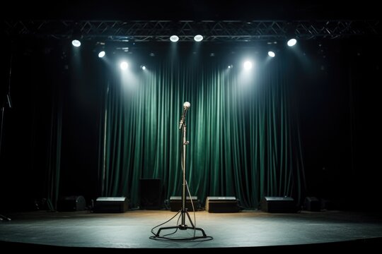 a microphone standing alone on a makeshift stage