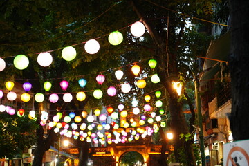 City of Hanoi, Lights of Lantern around Street Murals Arts in Hanoi, Vietnam - ベトナム...