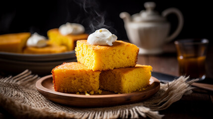 Freshly baked cornbread topped with melting butter on a rustic wooden plate, exuding warmth and comfort