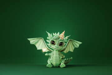 Cute cartoon baby dragon wearing cylinder hat holding sparkler . 3d render