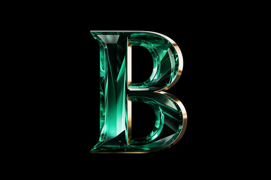 Beautiful natural 3D gemstone font design, alphabet letter B with glossy green emerald texture and gold border isolated on black background, precious stone crystal abc for luxury and jewelry concepts