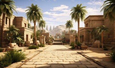 The tranquil oasis of lush palm trees provides a serene backdrop to the ancient Egyptian temple.