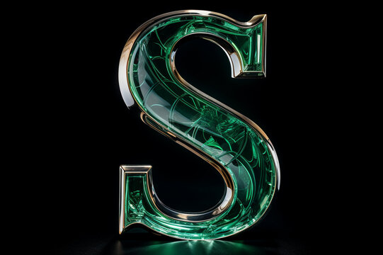 Beautiful natural 3D gemstone font design, alphabet letter S with glossy green emerald texture and gold border isolated on black background, precious stone crystal abc for luxury and jewelry concepts