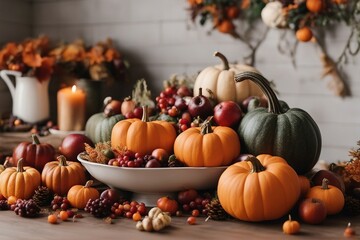 Bright background with beautiful thanksgiving decorating Pumpkins with fruits flowers vegetables