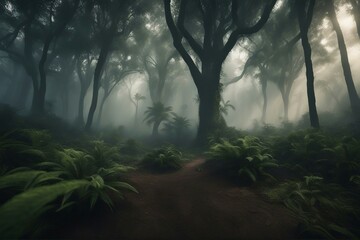 Exotic foggy forest Jungle panorama forest oasis Foggy dark forest Natural forest landscape 3D