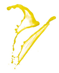 Yellow liquid flying explosion, pigment corn banana juice fresh float pour in mid air. Yellow paint color splash spill drop abstract. White background Isolated high speed shutter, throwing freeze stop