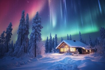 Gorgeous winter scene with vibrant blue aurora dancing above. Provides ample space for copy. Generative AI