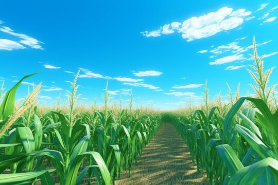 3D rendered image of a corn field under a blue sky. Generative AI