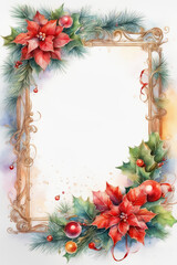 Watercolor Christmas frame with poinsettia, holly and berries.  - 663817763