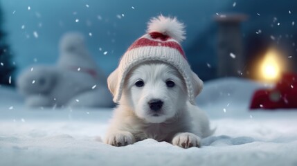 Adorable Puppy in Snow with Festive Christmas Tree Lights