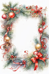 Watercolor Christmas frame with poinsettia, holly and berries.  - 663817788