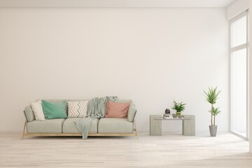 White modern interior design with sofa. Scandinavian interior design. 3D illustration