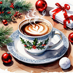 Cup of hot chocolate with marshmallows. Christmas and New Year background - 663817902