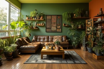 Fototapeta na wymiar The living room is enhanced with potted plants, featuring green walls and a hardwood floor. Generative AI